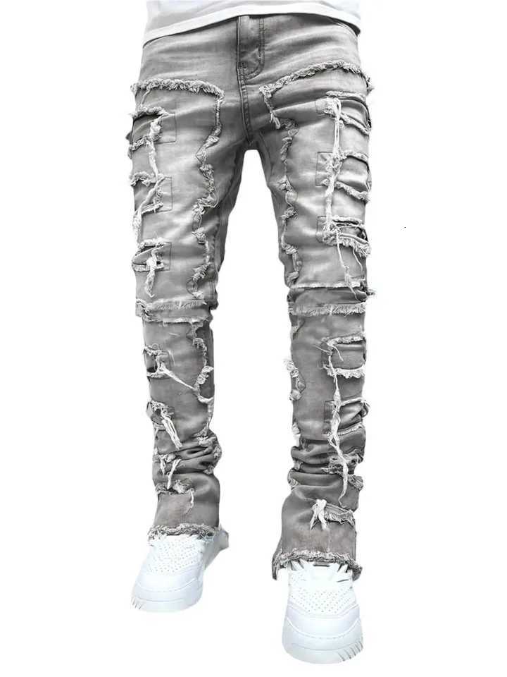 Mens Casual Distressed Jeans Tassels Patchwork Design Slim Fit Solid Color Stretch Denim Pants Straight Leg Streetwear Trousers Y251105