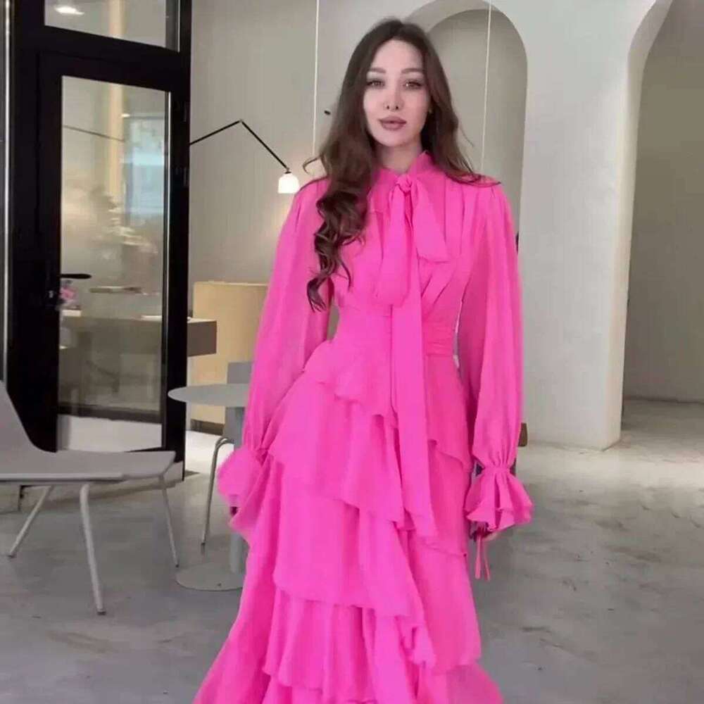 Autumn New Ruffle Leaf Splicing Wind Chiffon Semi-turtleneck for Women Evening Dress Formal Party Gown