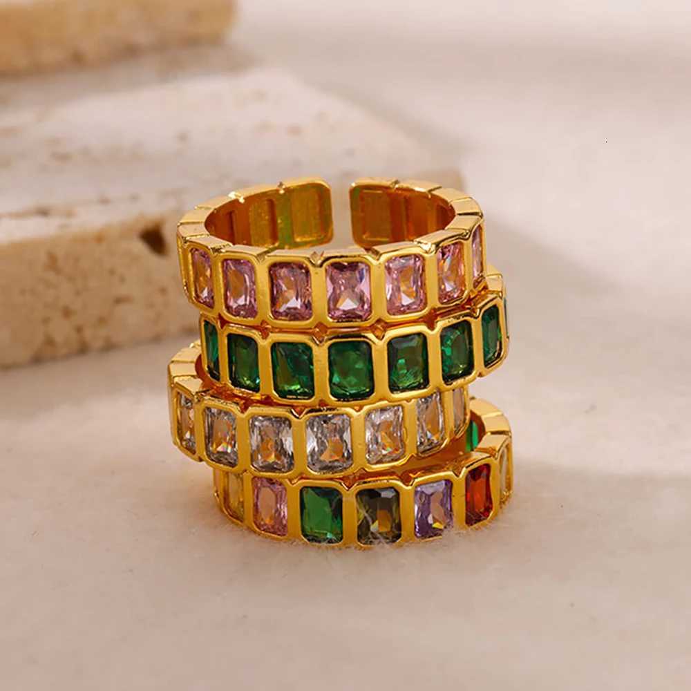 Colorful Cubic Zircon Ring for Women Stainless Steel Gold Color Open Ring Vintage Boho Wedding Party Jewelry Gift Accessories Z251017