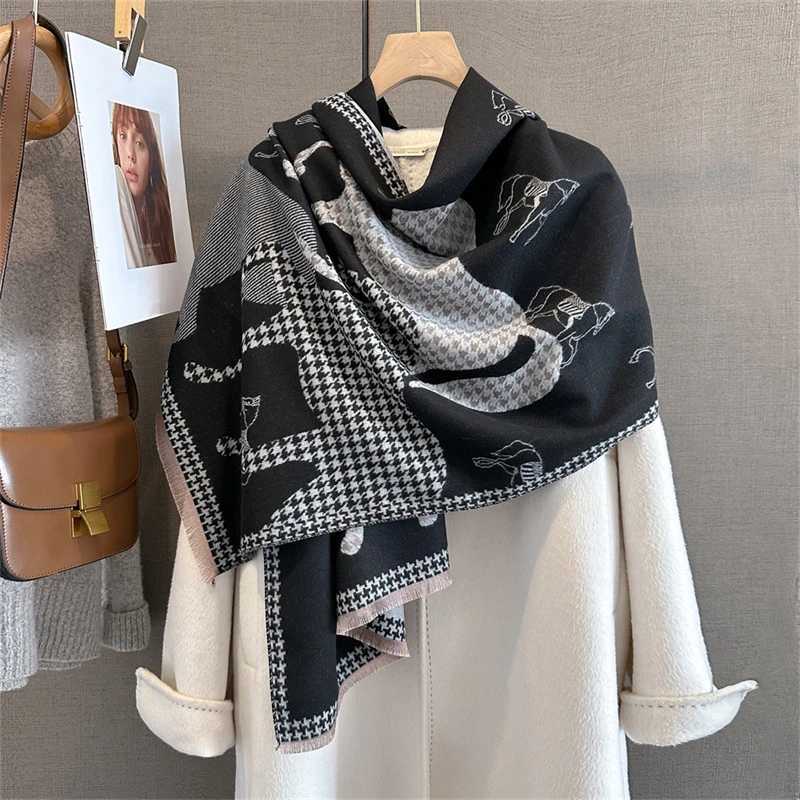 Women Winter Scarf Cashmere Shawls and Wraps Bufandas Horse Print Warm Thick Scarves Blanket for Lady 2025 C251017