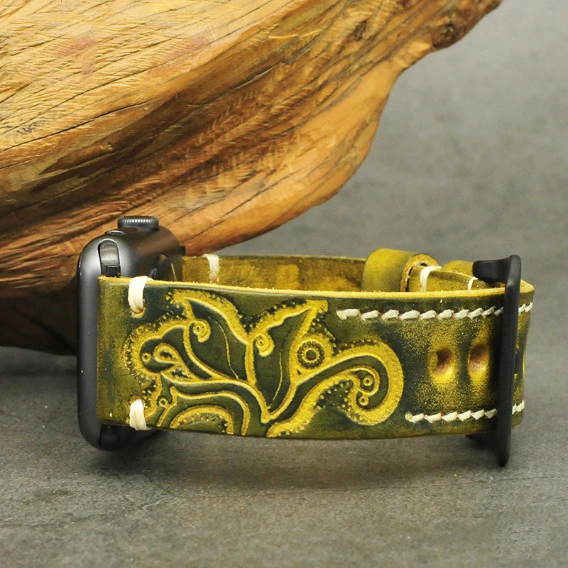 Vintage Carving Men Watch Strap Handmade Stitched Embossed Leather Watchband Black Buckle for Panerai 18mm 20mm 22mm 24mm 251016