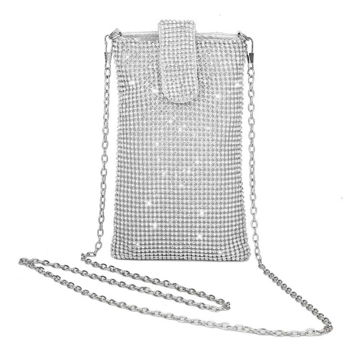 Shiny rhinestone mobile phone wallet metal chain shoulder lipstick mini bag dinner party ball messenger bag Z251017