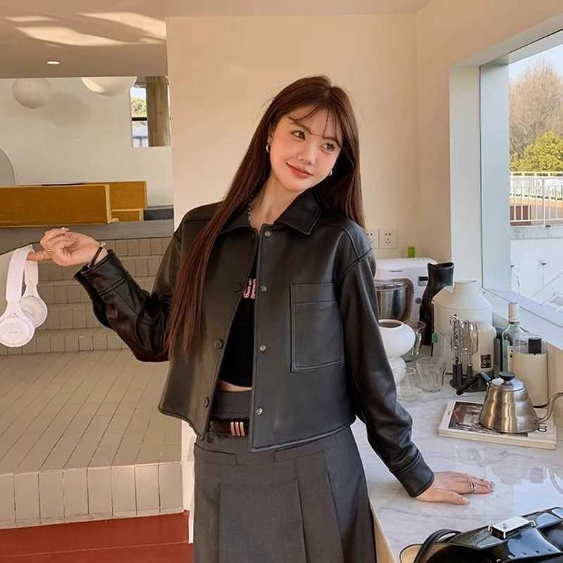 Harajuku Black Moto Pu Jacket Women Design Long Sleeve Biker Coat Vintage Streetwear Female Loose Autumn All Match OutwearT251017