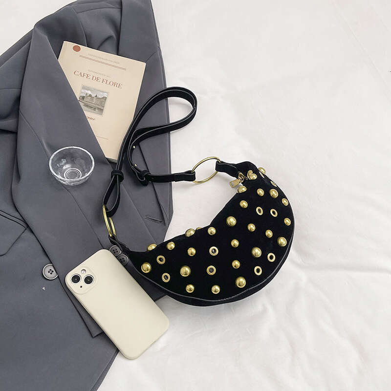 Fashion Womens Casual Bag Studded Heavy-duty Polka Dot Hollow Shoulder Bag Punk Style Crossbody Bag Metallic Crescent Women's Bag