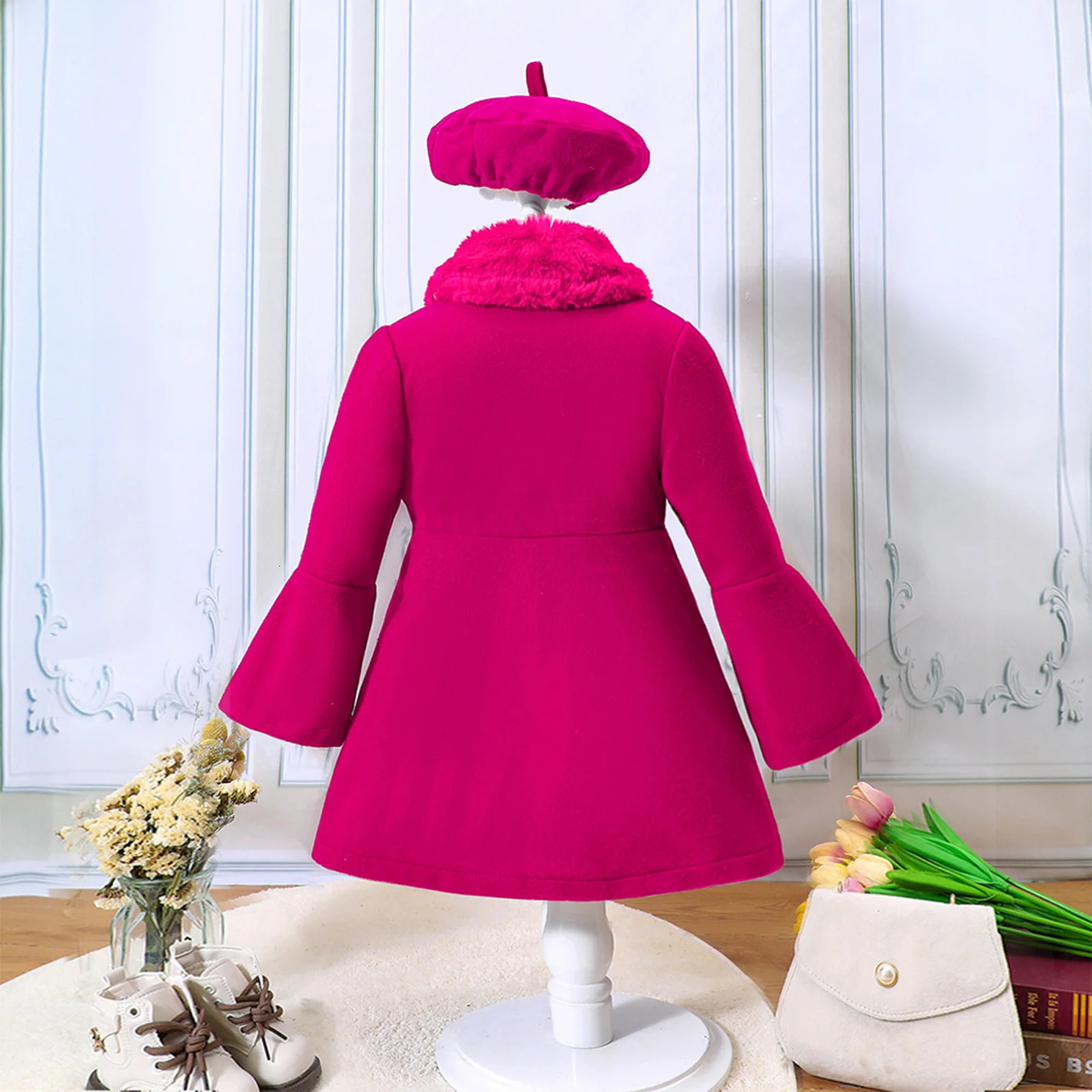 Kids Girls Autumn Winter Warm Woolen Blend Overcoat Furry Collar Long Sleeve Coat School Birthday Party Outerwear with Beret Hat 251015