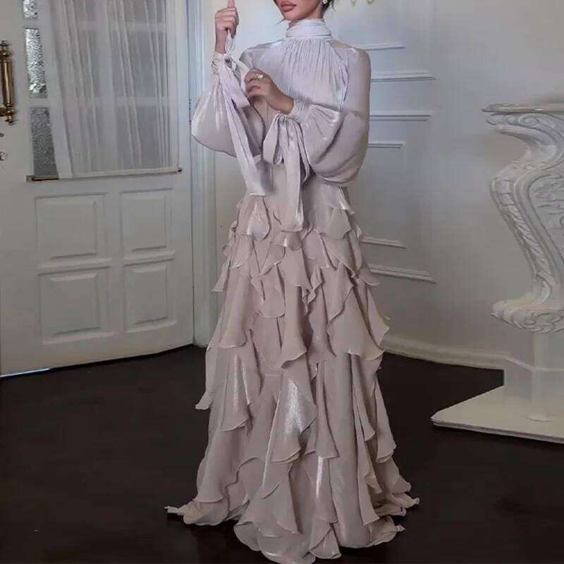 Fashion Waist Pleat Party Lady Casual High Collar Layered Banquet Elegant Long Sleeve Solid Color Evening Dress