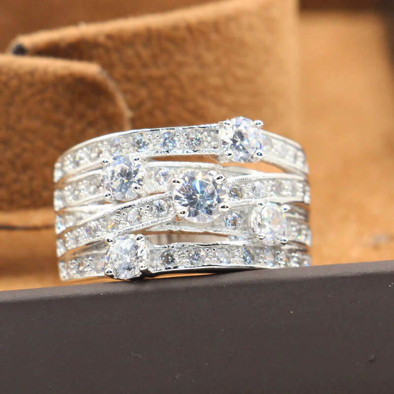 Infinity Jewelry Real Sterling Sier Big Discount White Clear Topaz CZ Dia Eternity Wedding Band Net Ring for Women