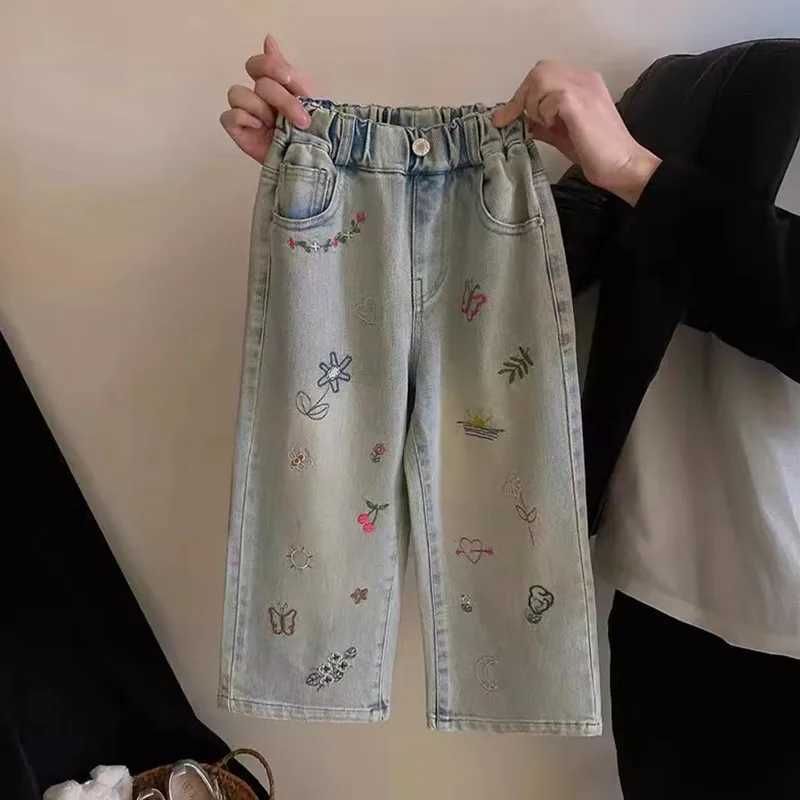 2025 New Spring Summer Kids Embroidered Jeans Fashion Girls Soft Loose Straight Trousers Baby Girl Thin Style Denim PantsT251017