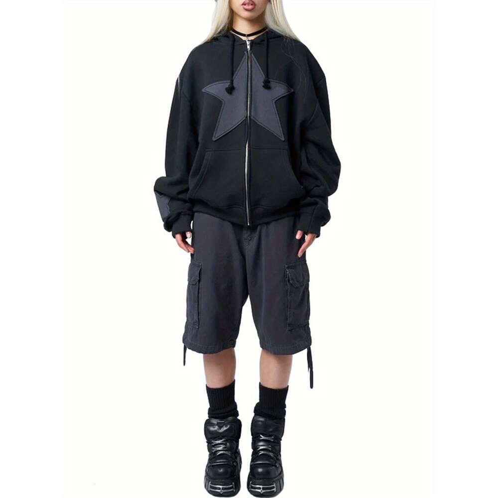 Women's Casual Print Jacket - Long Sleeve Zip-Up Drawstring Hoodie, Olive Green With Beige Star Panels, Polyester Blend, Hine Washable, All-Seaso