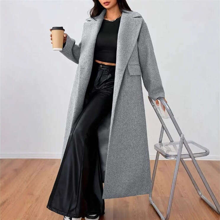 Women's Autumn Winter New Woolen Fashion Elegant Sleeve Turn-Down Collar Long Ladies Loose Coat B5