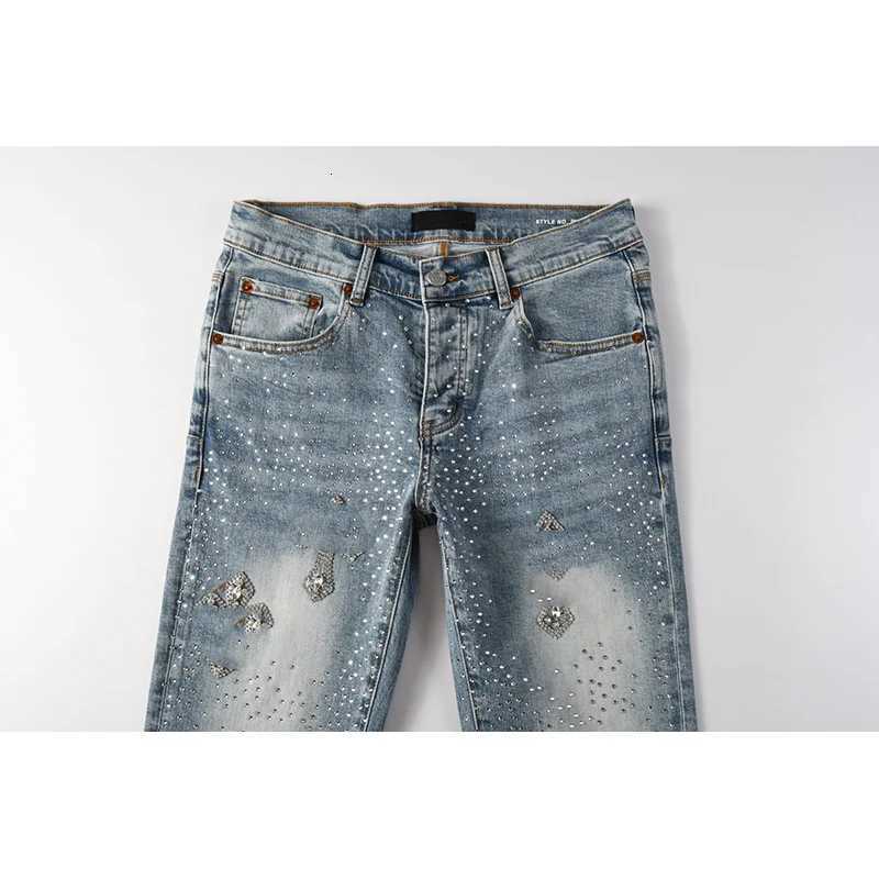 Washed Distressed Light Indigo Rhinestones Cross Patterns Stretch Skinny Button Fly Raw Hem Jeans Y251105