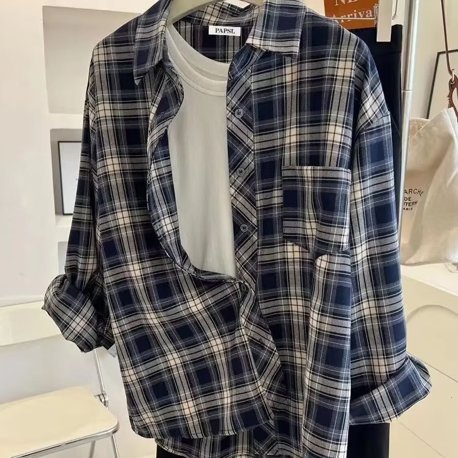 Loose Versatile Shirt Jacket American Style Plaid Shirt for Men Couples Spring Autumn