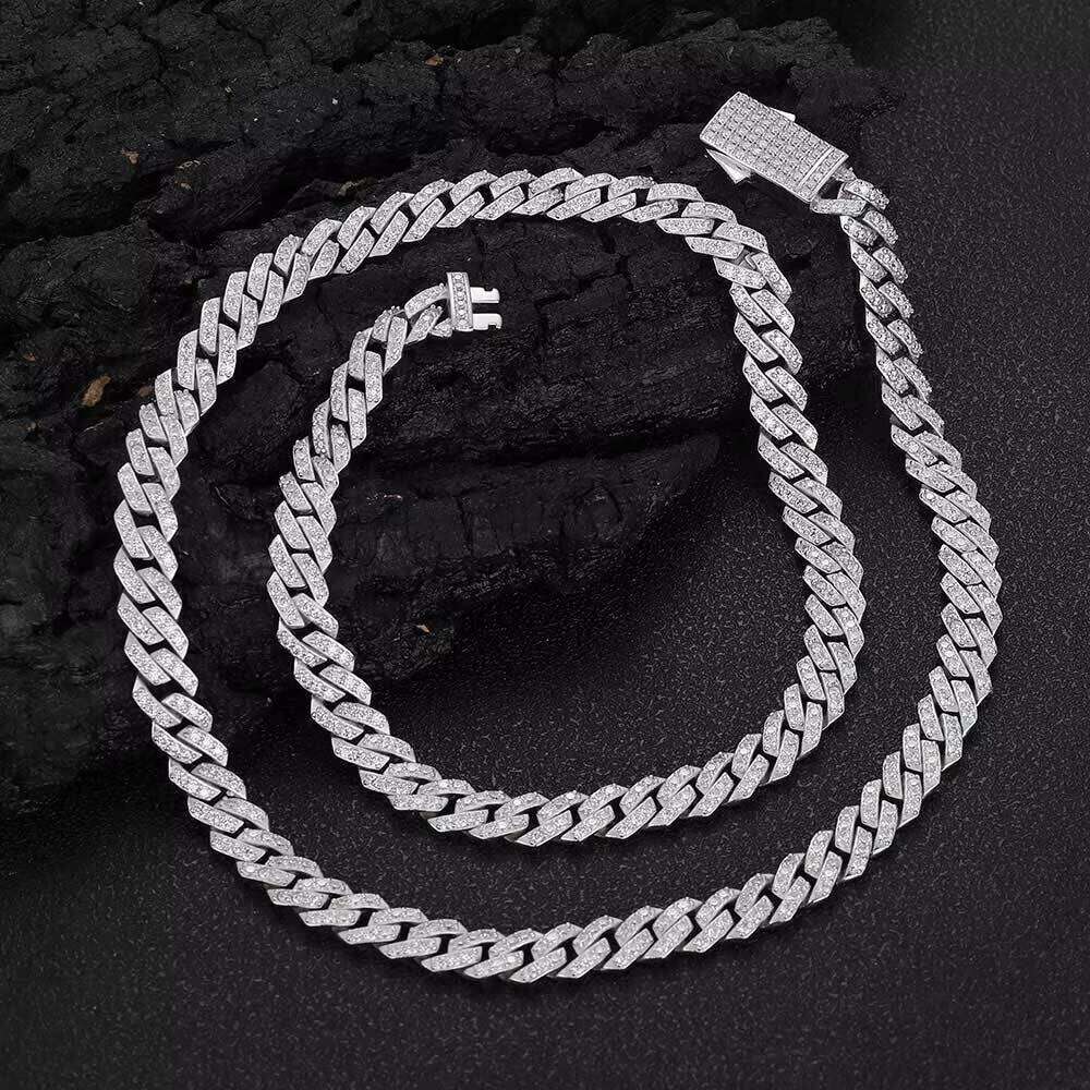 New Popular 8mm-18mm Hip-hop Sier Moissanite Rhombus Cuban Chain Men's Necklace Hiphop Sample Making