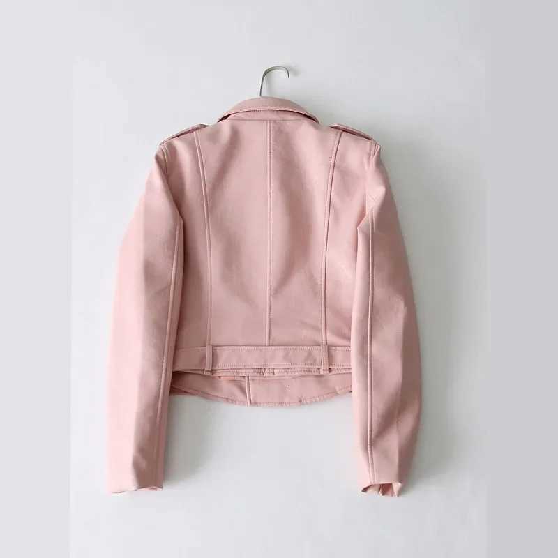Spring New Women Short Faux PU Leather Jacket With Belt Pink Yellow Slim Lapel Streetwear Long Sleeve Biker Jacket Spring AutumnT251017