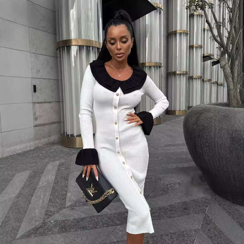 Autumn Winter New Knitted Sweater For Women Fashion Patchwork Color Block Slim Elegant Temperament Dress B5