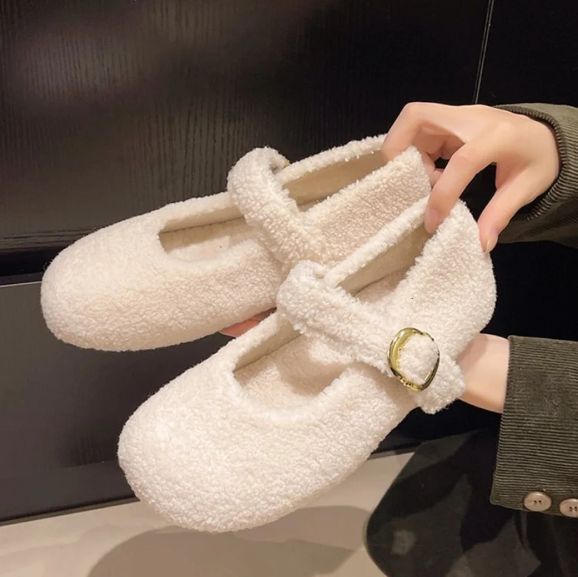 Fashion Round Toe Ballet Flats Boots for Woman Keep Warm Plush Loafers Ladies Fluffy Mary Jane Shoes Botas Mujer 251013