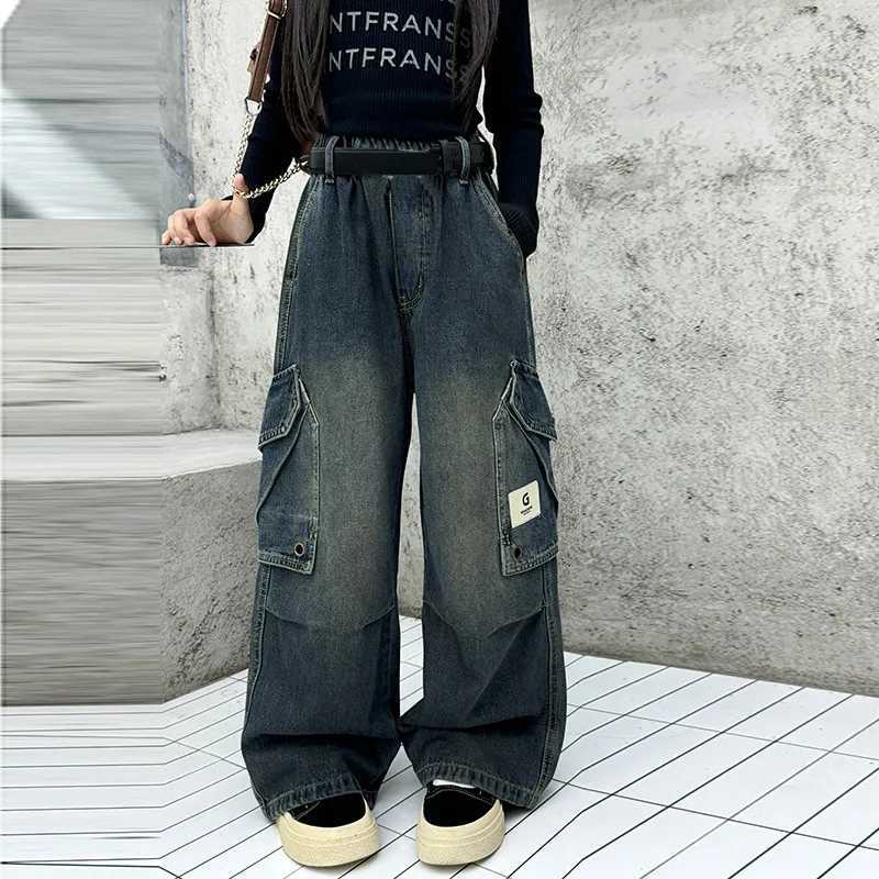 Kids Designer Vintage Gray Jeans For Girl Streetwear y2k Baggy Denim Cargo Pants With Pocket Young Lady Child Jeans TrousersT251017