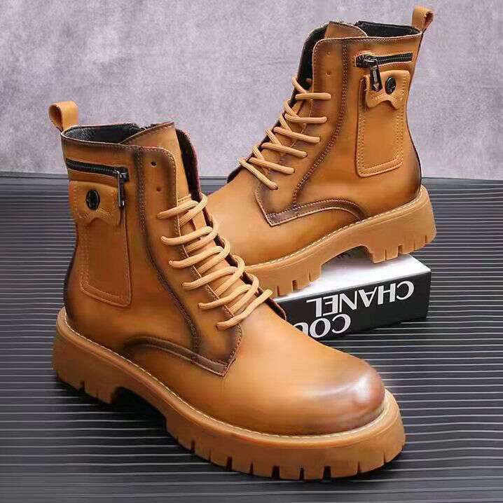 Men's Shoes Men's Martin Autumn And Winter Plus Veet High-Top Casual Leather Shoes British Versatile Thick-Soled Knight Short Boots