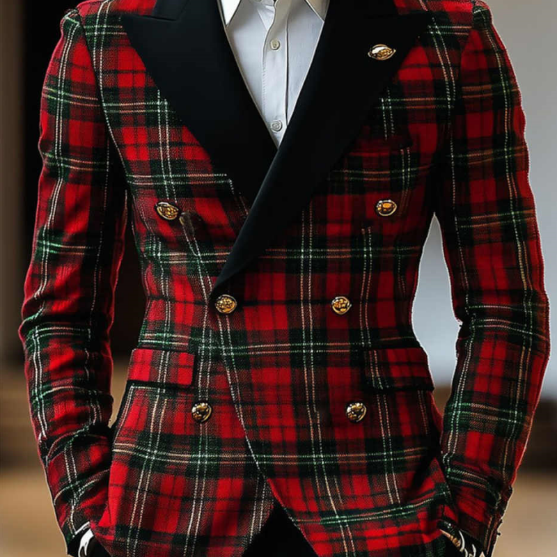 Fashion High-end Red Plaid Men Suits Slim Fit Double Breasted Groom Tuxedos Prom 2 Pieces Sets Casual Male Blazers Costume Homme