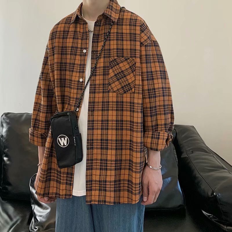 Plaid Shirt Men's Long Sleeve Autumn Trendy Top Ins Loose Cool Casual Jacket