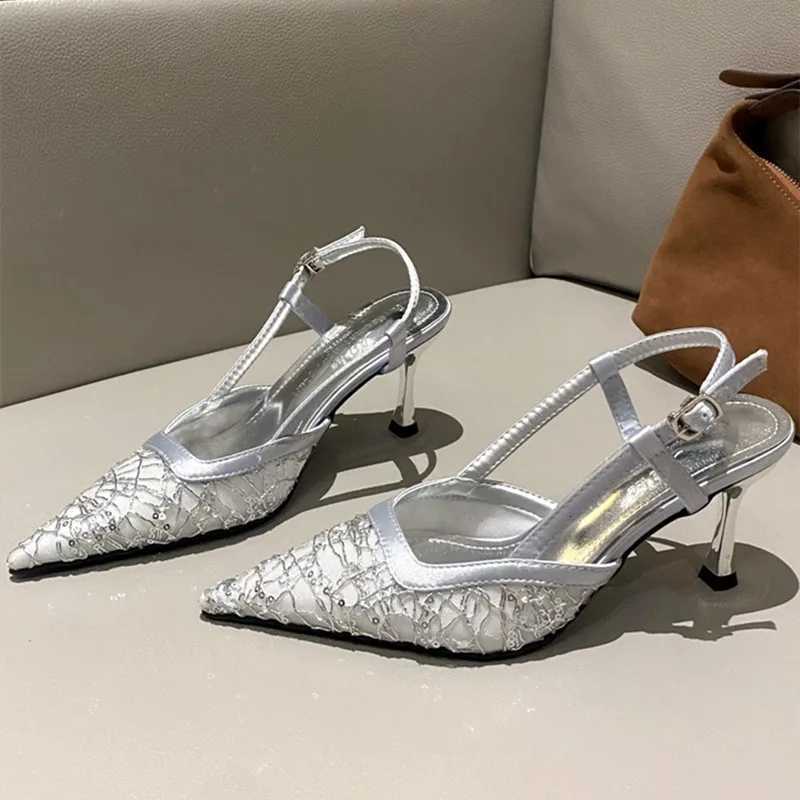 Sexy Pointed Toe Gingham Design Buckle Strap High Heels Golden Crystals Mesh Heeled Sandals Women Summer Luxury Party Dress Shoe Z251015