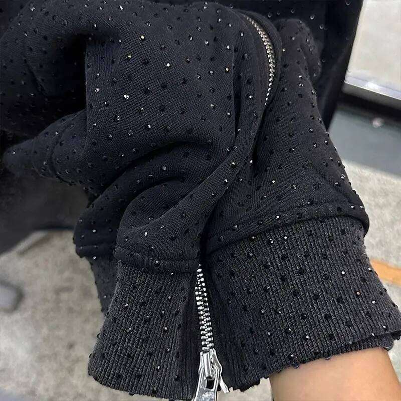 Oversized Full Star Rhinestone Dia Hooded Coat Loose Top Age-Reducing Zipper Women's Hoodie