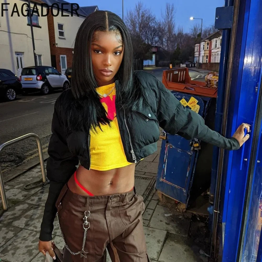 FAGADOER Winter Sweet Puffy Jacket Women Solid Color Zipper Crop Top Jacket Patchwork Puffer Fashion Streetwear Coats 251011