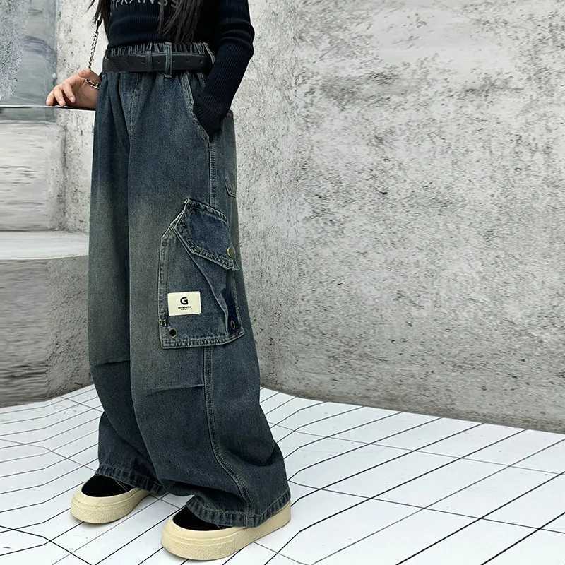 Kids Designer Vintage Gray Jeans For Girl Streetwear y2k Baggy Denim Cargo Pants With Pocket Young Lady Child Jeans TrousersT251017