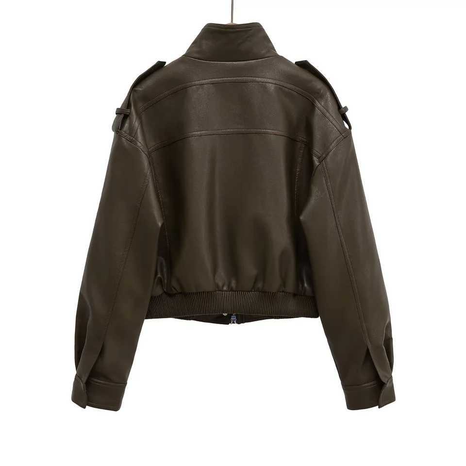 UNIZERA2025 autumn new womens retro large pocket workwear zipper stand collar imitation leather loose longsleeved short jacketT251017