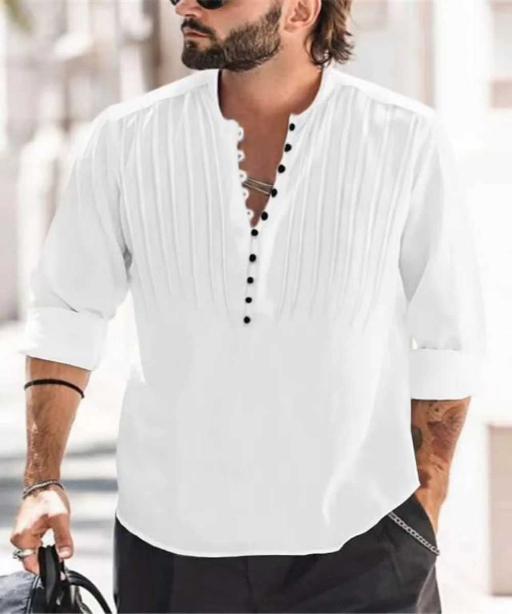 Mens shirt Long Sleeve Spring And Fall AllCotton Pleated Vneck Trend Business Casual Loose Pullover J251017