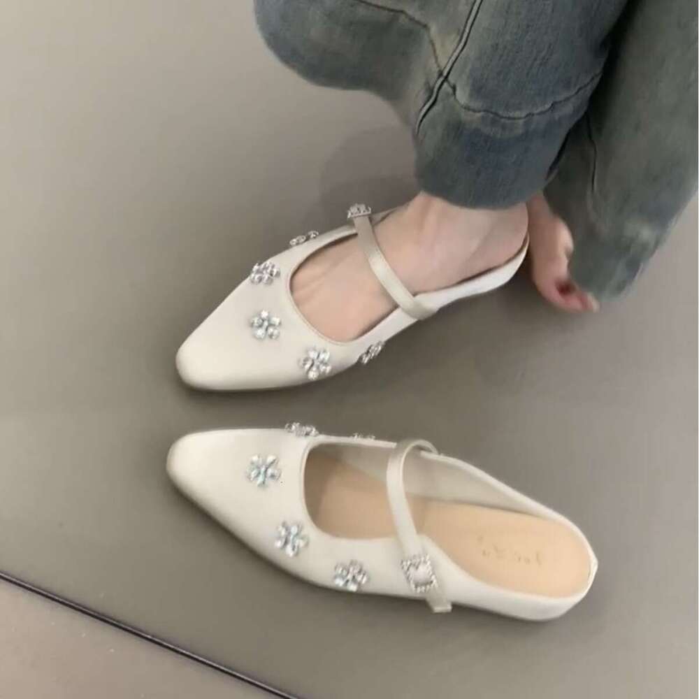 Women's Designer Shoe French Style - Flat Mary Jane Half Sandals Slippers with Rhinestone Bowknot Gentle Evening Single Shoes