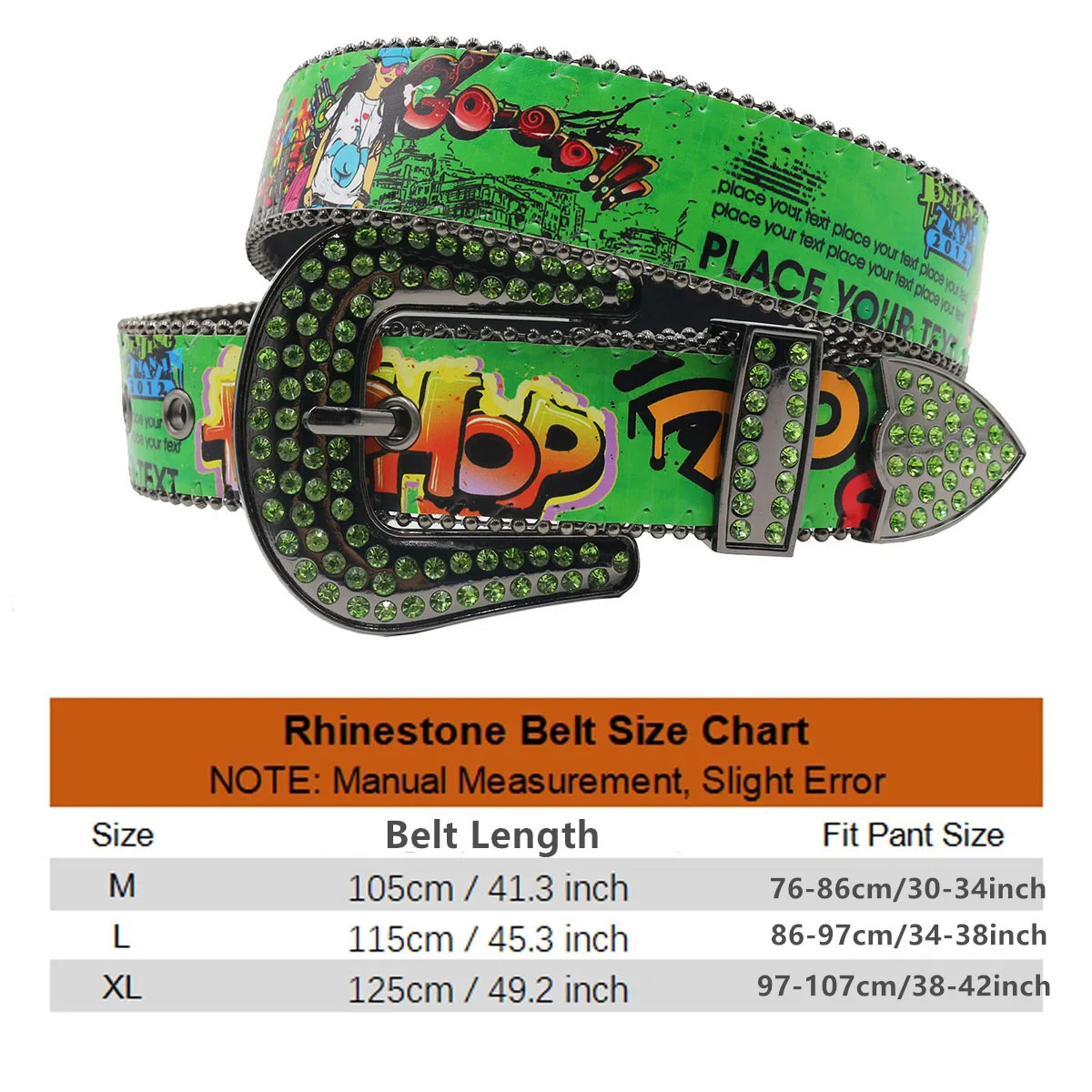 Shiny Pu leather belt Green Drip graffiti intersection Casual hip Hop allinone belt with rhinestone Ladies Fashion belt 251010