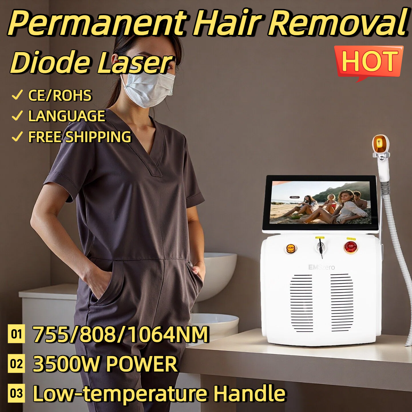 Large Screen Diode Laser Hair Removal Machine Painless Permanent Hair Removal Skin Whitening High Power Smart 3 Wavelengths 755/808/1064nm Laser Machi