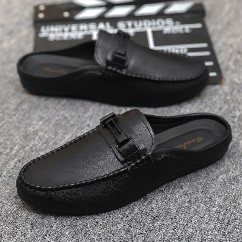 Leather Men Half Slippers Summer Breathable Mens Casual Shoes Slipon Lazy Driving Shoes Comfortable Walking Loafers Moccasins 251013
