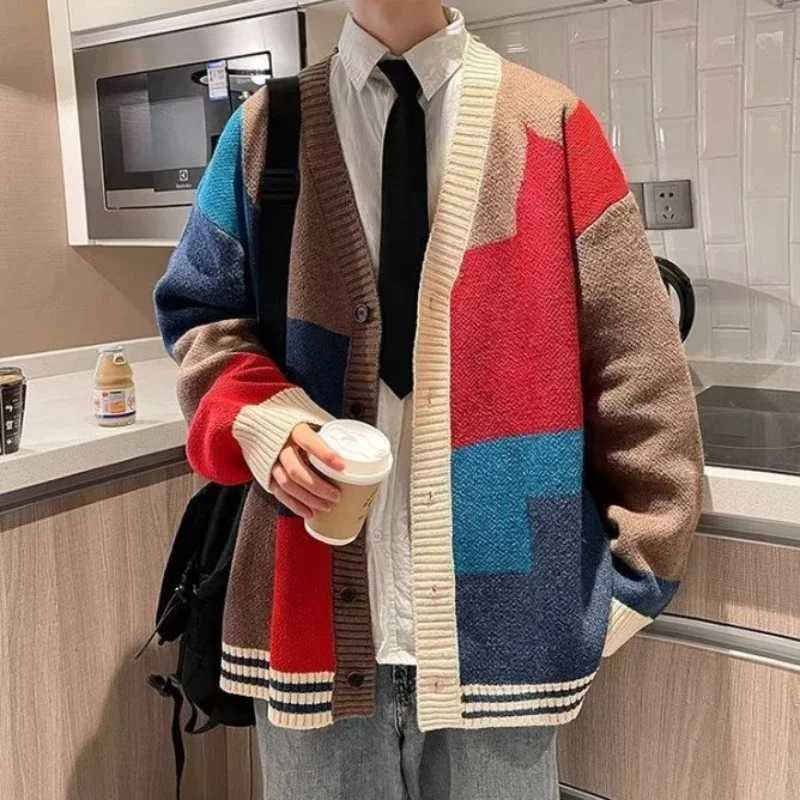 Mens Clothing Jacket Coat Cardigan Red Knit Sweater Male V Neck Splicing Plus Size Winter 2025 Trend Thick Classic New in X Old J251017