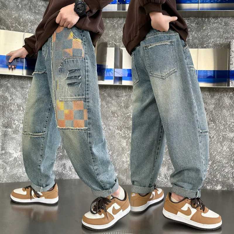 Boys Stylish High Street Hiphop Denim Jeans Childrens Casual Patchwork Pants Fashion School Kids Designer Trousers 414Year oldT251017