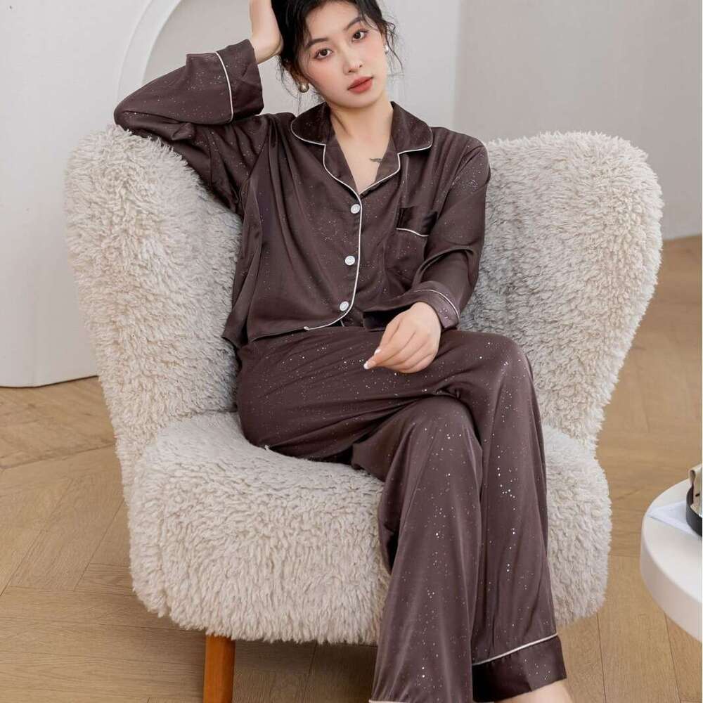 Spring and Autumn Women's Simple Chocolate Pajama Set Comfortable Breathable Ice Silk Loungewear Suitable for Outerwear