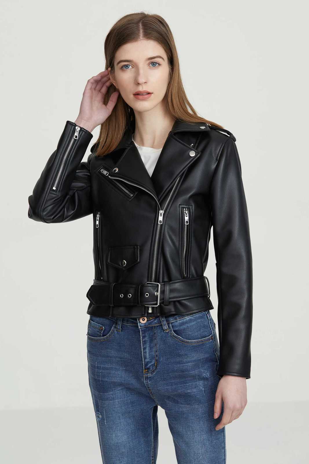 Womens Moto Biker Black Punk Coat Lady with belt Leather Jacket Faux PU Leather OuterwearT251017