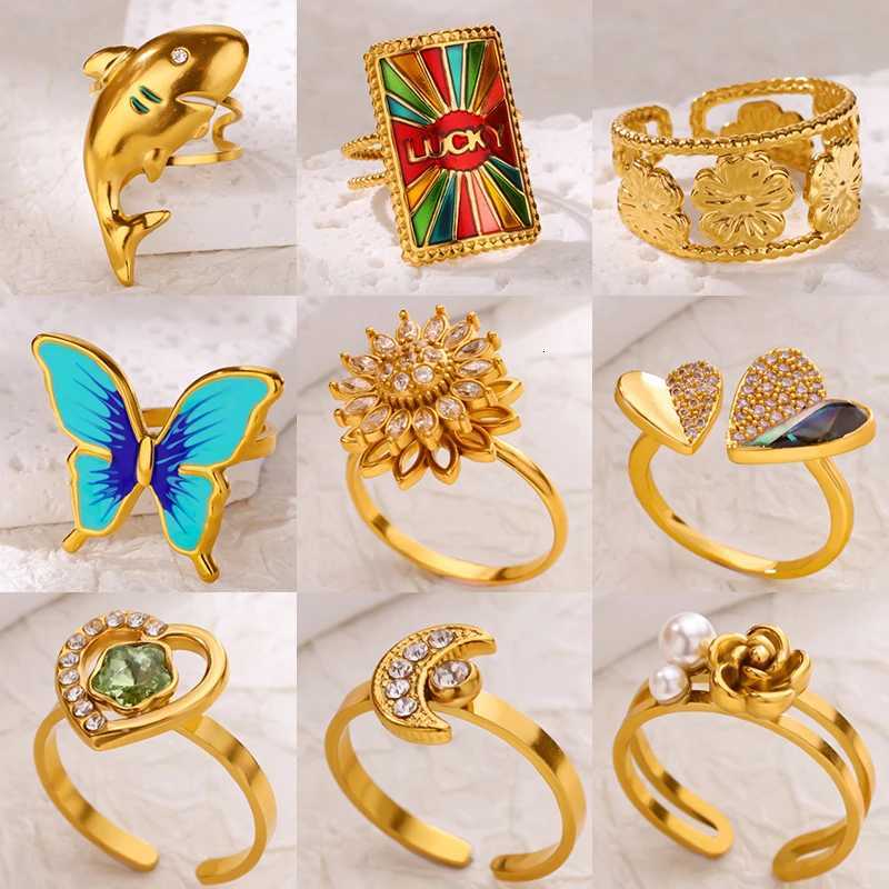 Zircon Sunflower Open Rings For Women Men Gold Color Stainless Steel Ring Wedding Luxury Jewelry Party Gifts bijoux femmesW251017