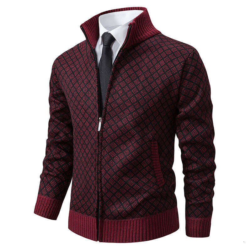 Autumn Winter Fashion Plaid Jacket Coat Men's Trendy Stand Collar Slim Fit Long Sleeve Casual Knitwear B5