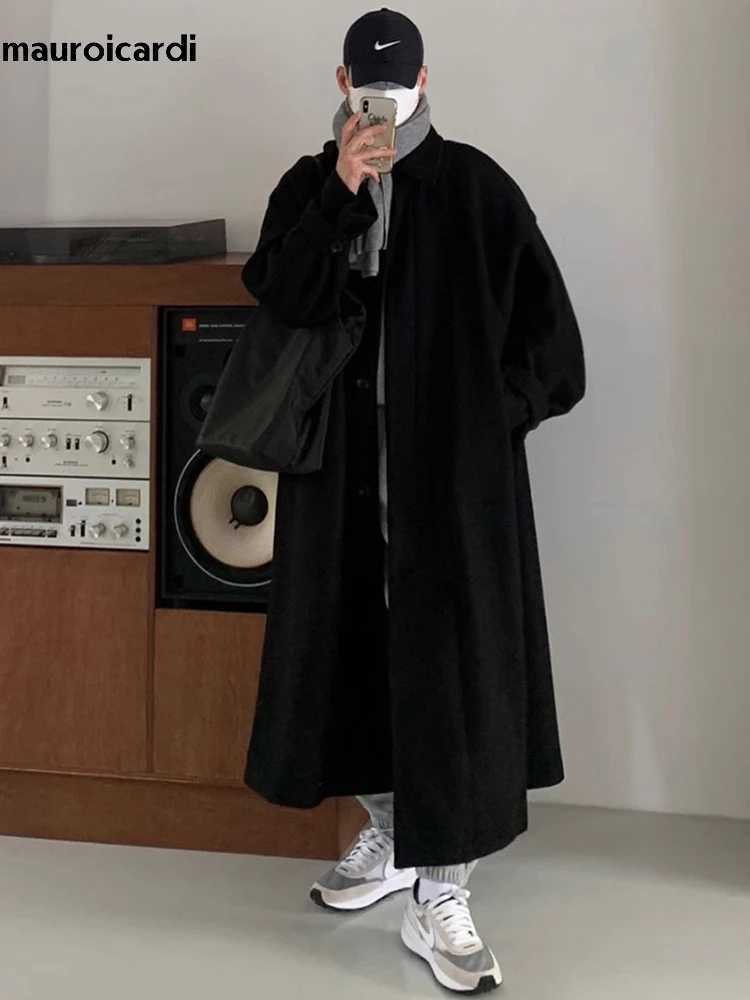 Mauroicardi Autumn Winter Long Warm Grey Black Slouchy Woolen Coat Men Single Breasted Loose Casual Wool Blends Overcoat 2023 J251017