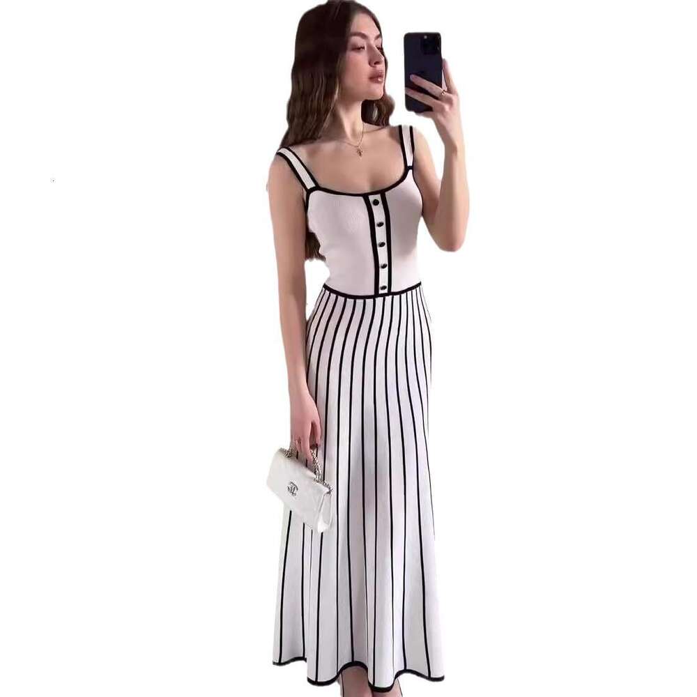 Strappy Striped Patchwork Knitted New Fashion Color-Block Backless French Mid-Length Dress B5