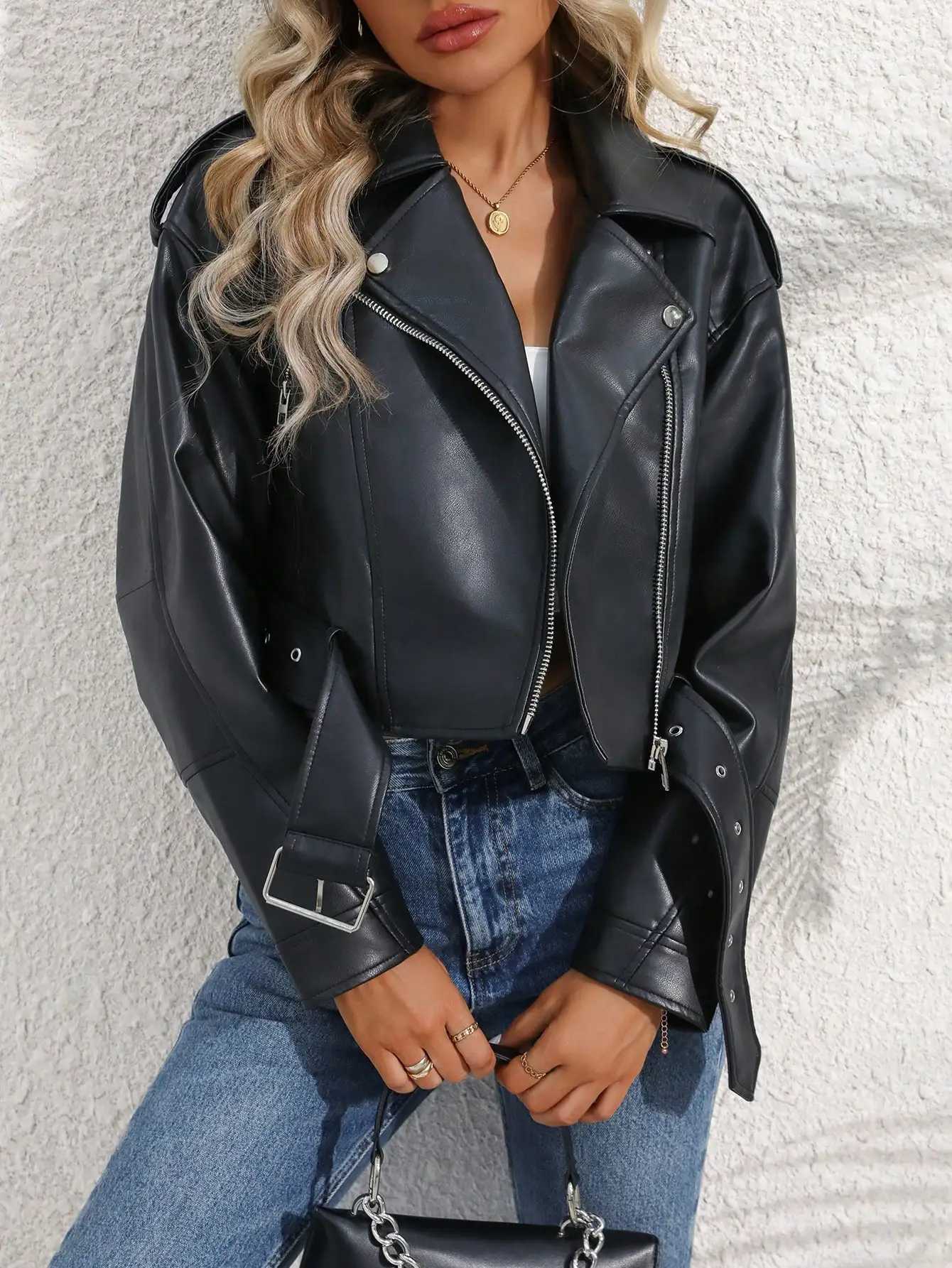 Fitaylor Women Faux PU Leather Jacket Casual Lady Lapel Zipper Short Coat Motorcycle Leather OutwearT251017