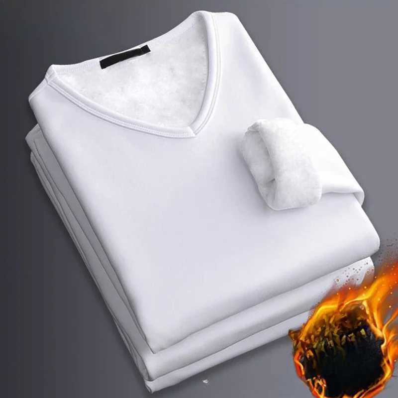 Winter Mens Longsleeved Thermal Underwear Plus Velvet Padded Tshirt Vneck Slim Plush Top Mens Underwear Inner Wear For Men H251017