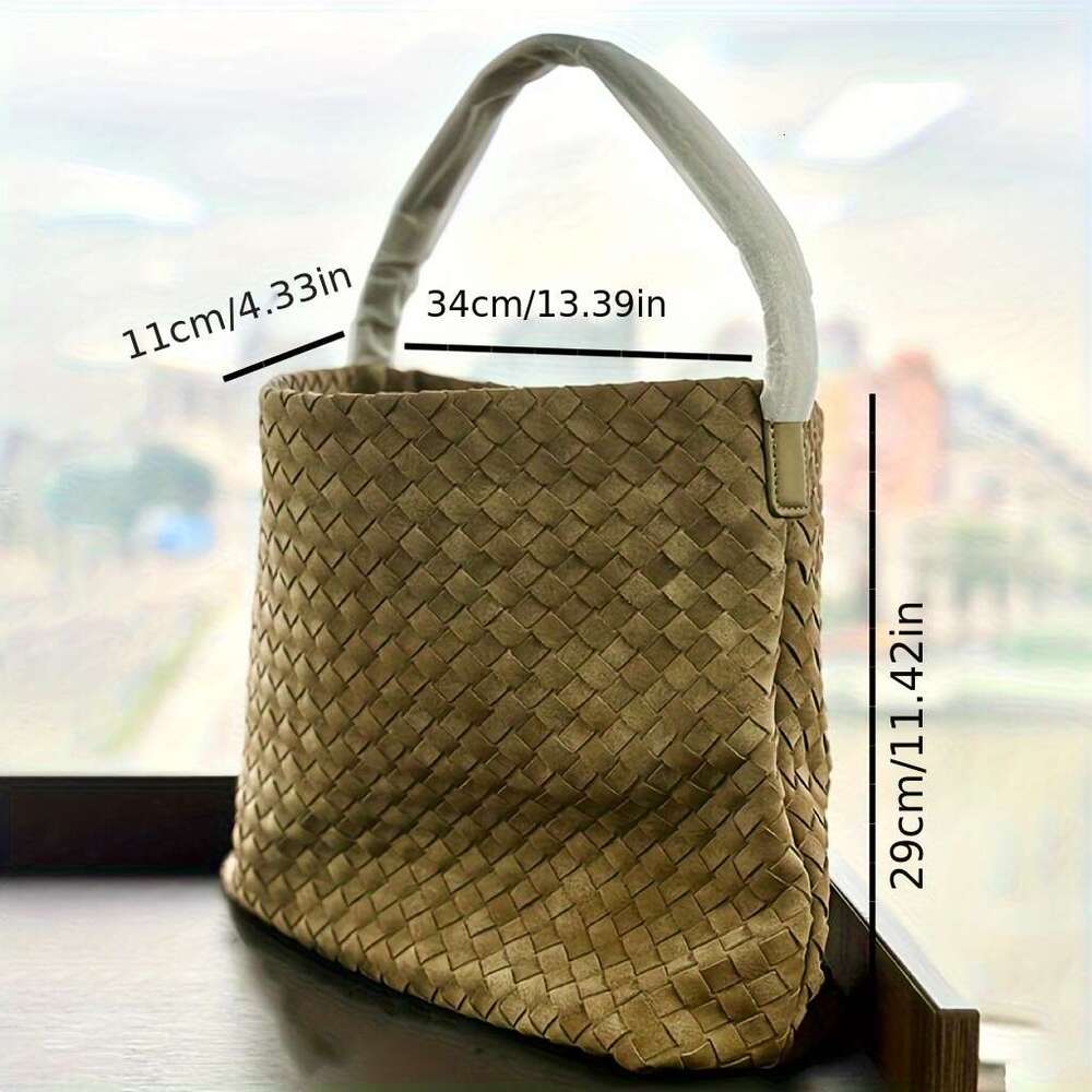 Women's Premium Synthetic Leather Woven Crossbody Bag Sand Texture Large Capacity Handbag With Adjustable Shoulder Strap, Snap Closure, Polyester