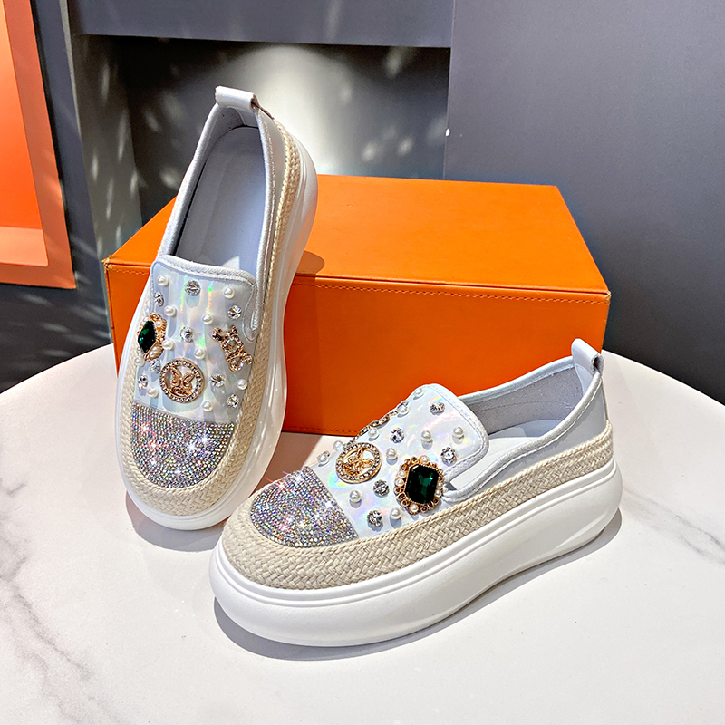 Women's Luxury Sneakers Rhinestone Decor oxhide Loafers Slip on Women's Designer Shoes Versatile Thick Sole Woven Shoes Comfortable Walking 