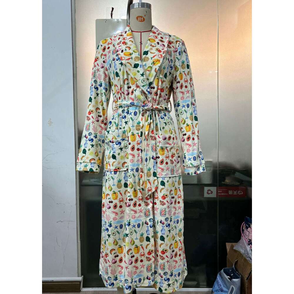 Fruit Print Autumn Winter New Thickened Lace-Up Nightgown Bathrobe Long Sleeve Loungewear B5