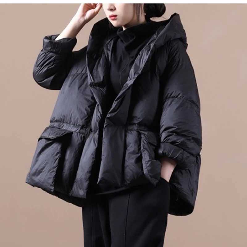 Winter new womens hooded solid color jacket casual loose pocket drawstring short duck down jacket women coats4 Colors W251016