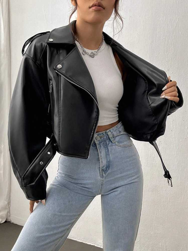 Fitaylor Spring Autumn Casual Women Lapel Zipper Faux PU Leather Jacket Female High Street Motorcycle Leather JacketT251017