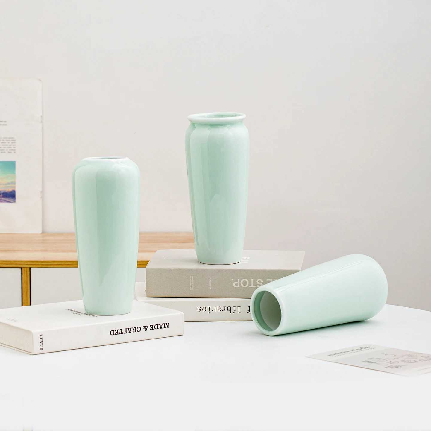 Nordic Style Light Green Ceramic Vase Set Creative Home Decor for Living Room and Table Flower Arrangement Vase for Home C251017